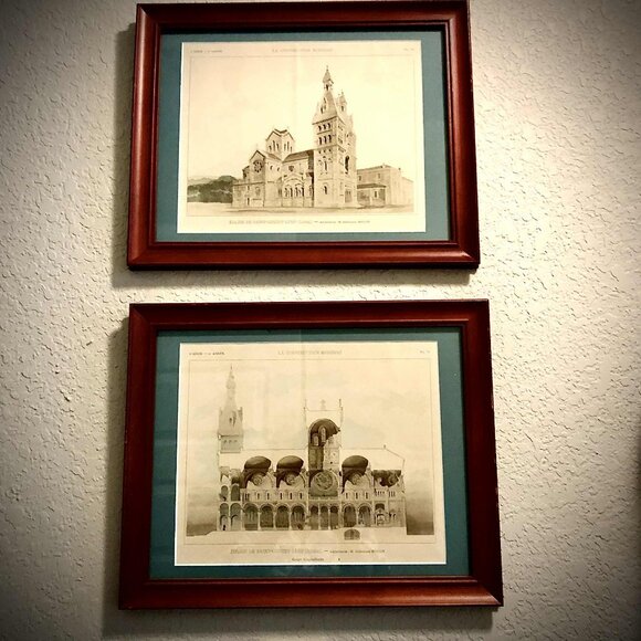 2 Framed ANTIQUE FRENCH ARCHITECTURE PRINTS ChurchSaint Genest-Lerp Loire Valley - Picture 3 of 9